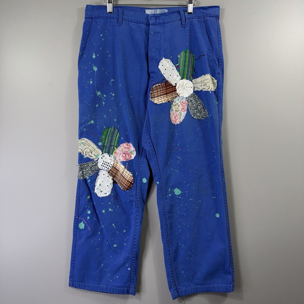 Free People X Tricia Fix Pants Womens L Blue Floral Patchwork Painter Boho